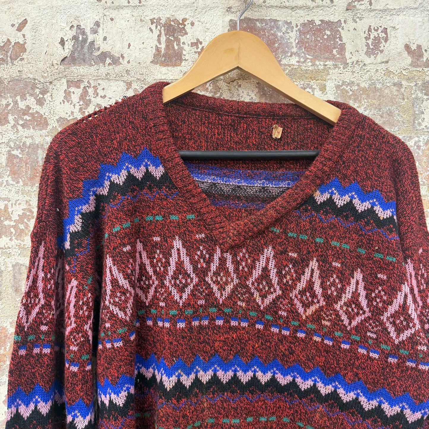1960s Red Wool Patterned Knitted Jumper