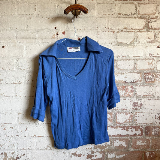 1970s Blue John Craig Cotton Collared Shirt Top