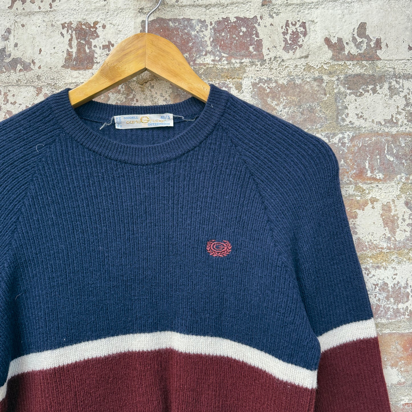 1970s Navy and Red Wool Knitted Jumper