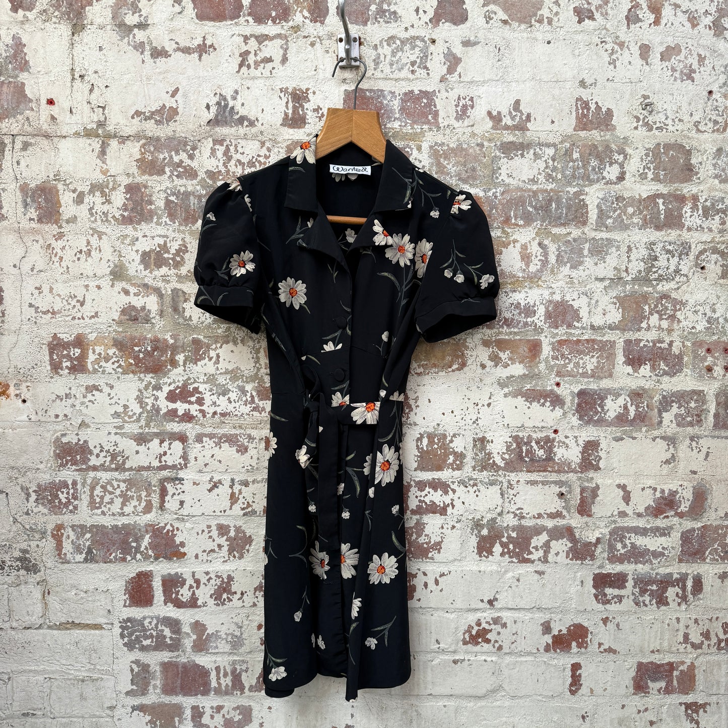 1980s Black Flower Printed Belted Dress
