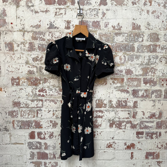 1980s Black Flower Printed Belted Dress