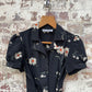 1980s Black Flower Printed Belted Dress