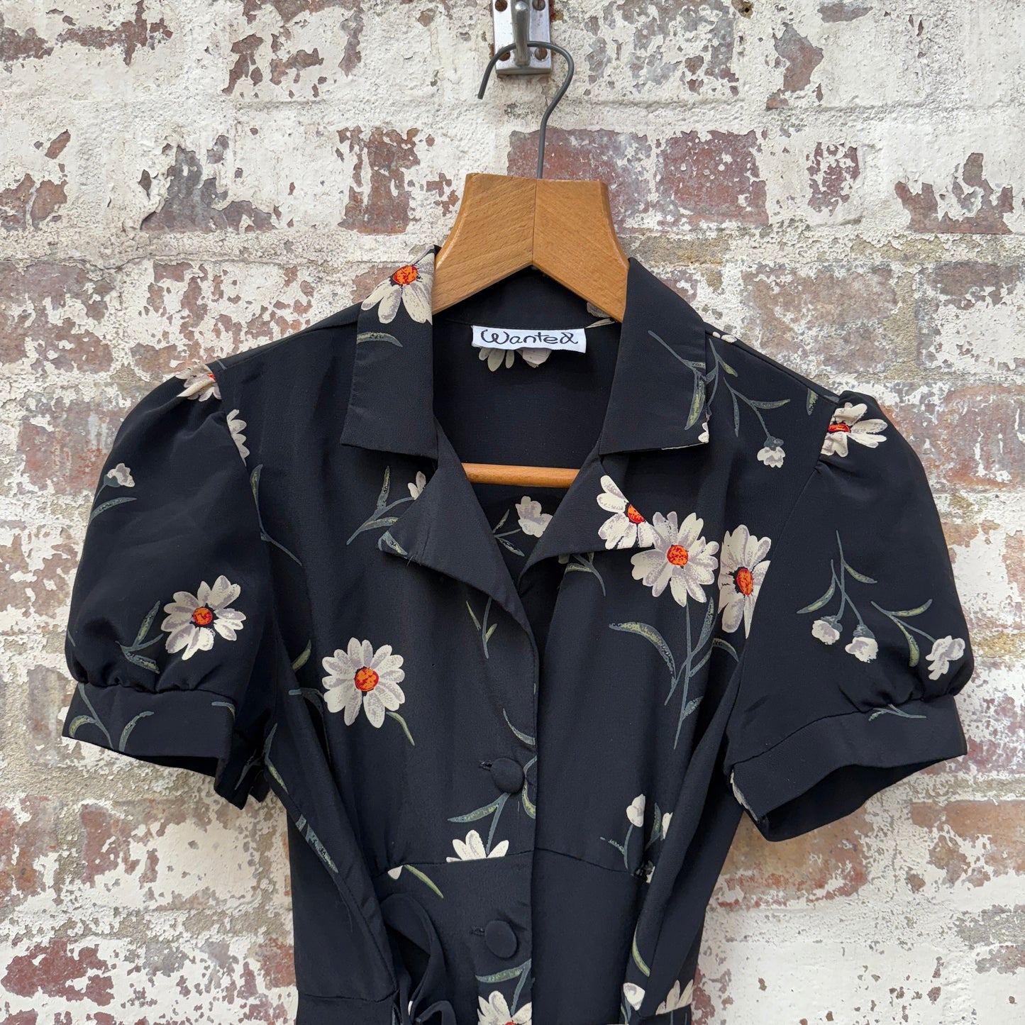 1980s Black Flower Printed Belted Dress
