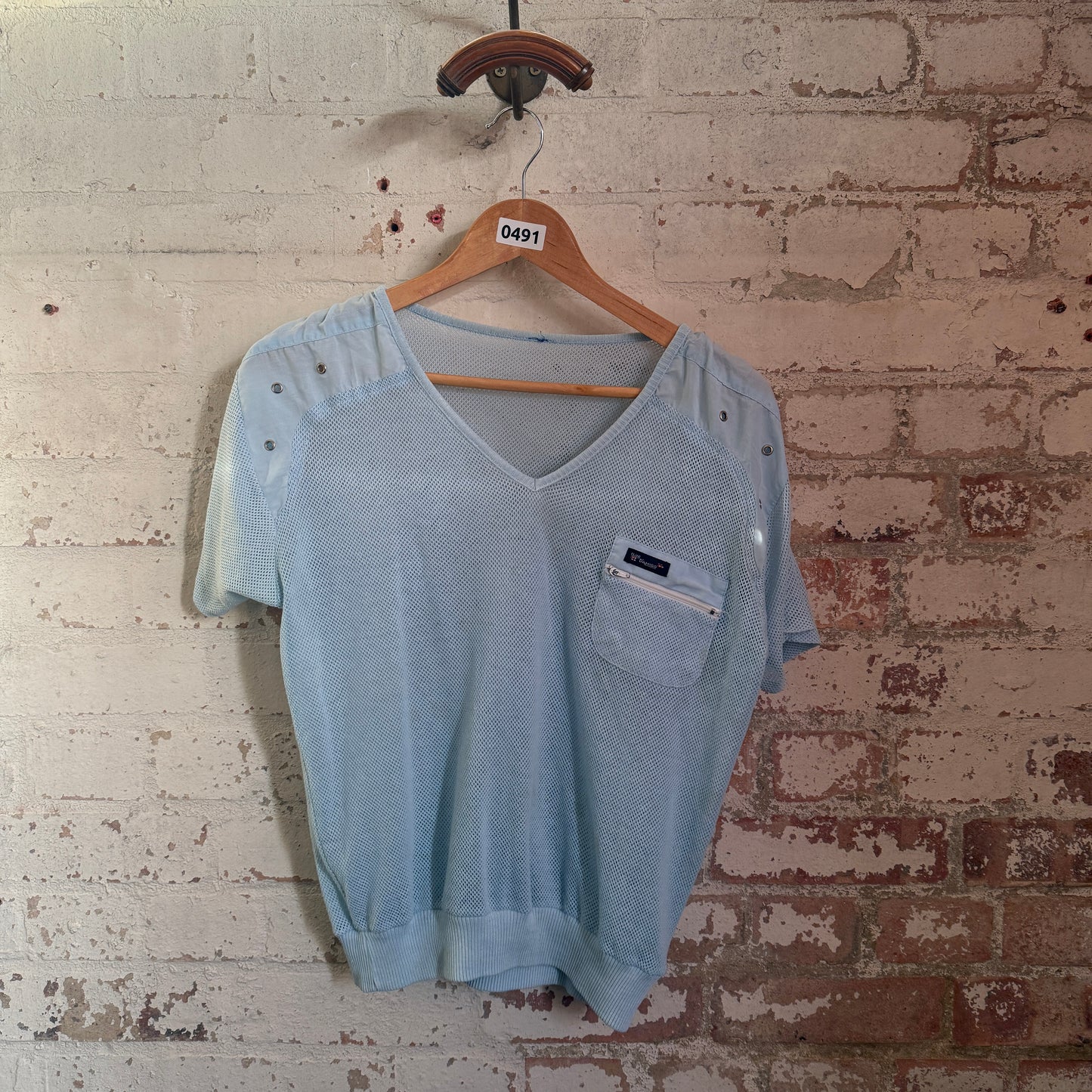 1980s Baby Blue Netting V-Neck T-Shirt