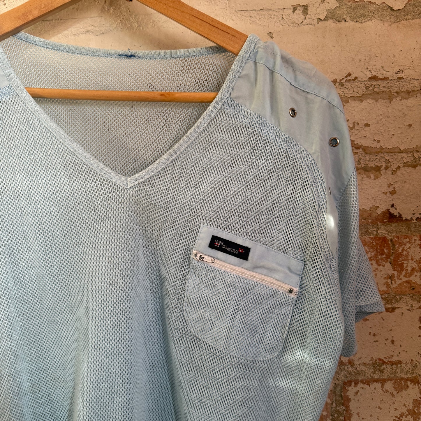 1980s Baby Blue Netting V-Neck T-Shirt