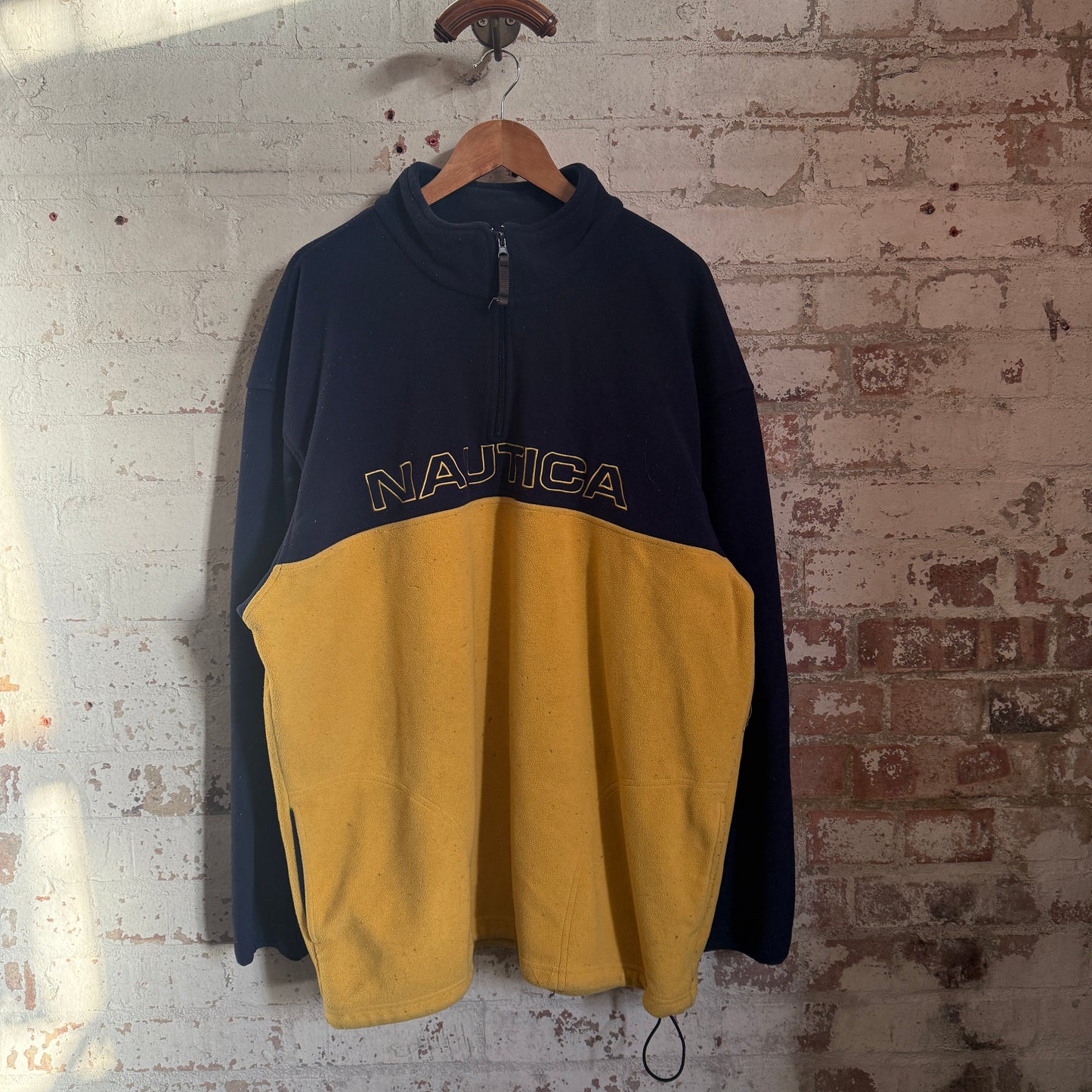 1990s Navy and Yellow Nautica 1/4 Zip Fleece Jumper