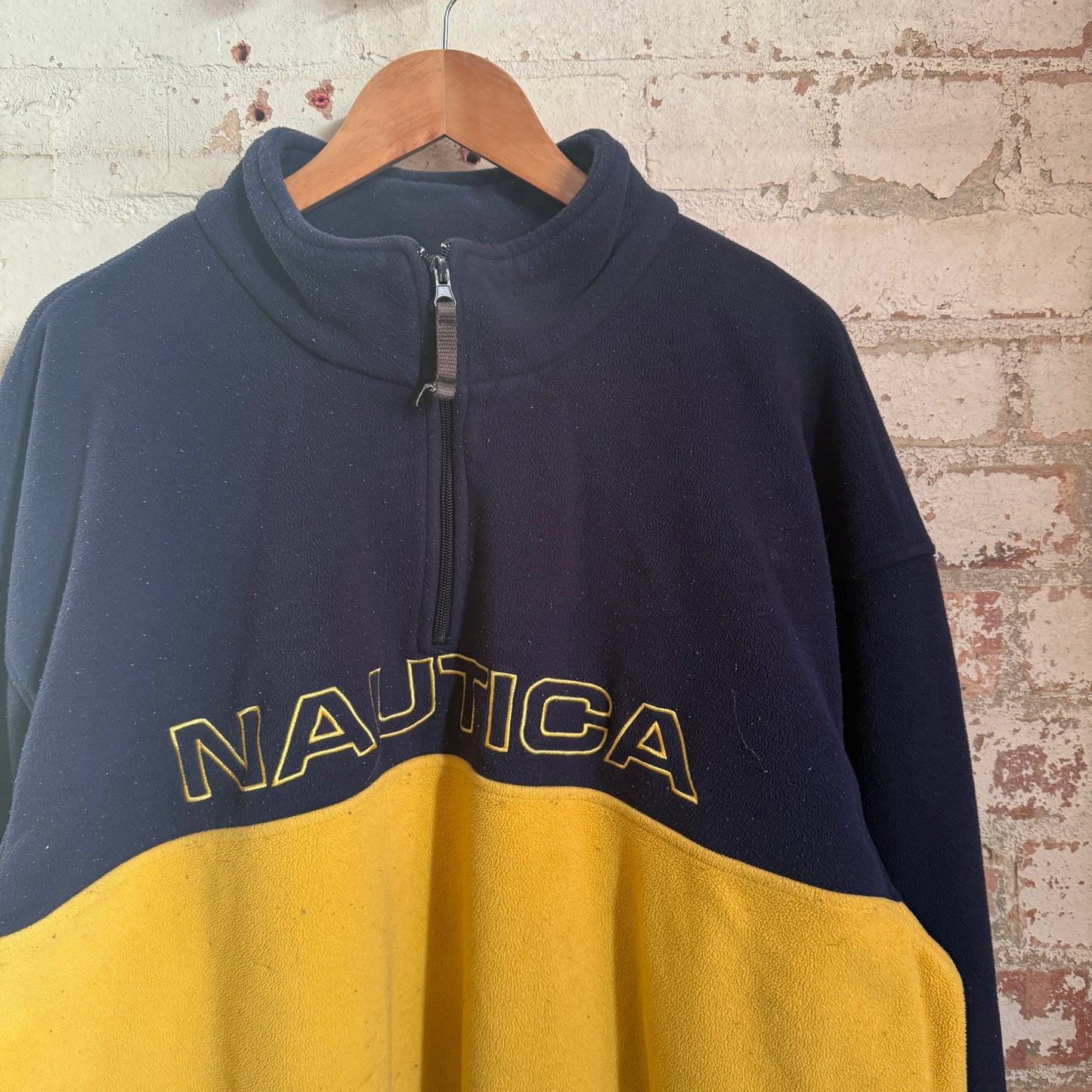 1990s Navy and Yellow Nautica 1/4 Zip Fleece Jumper