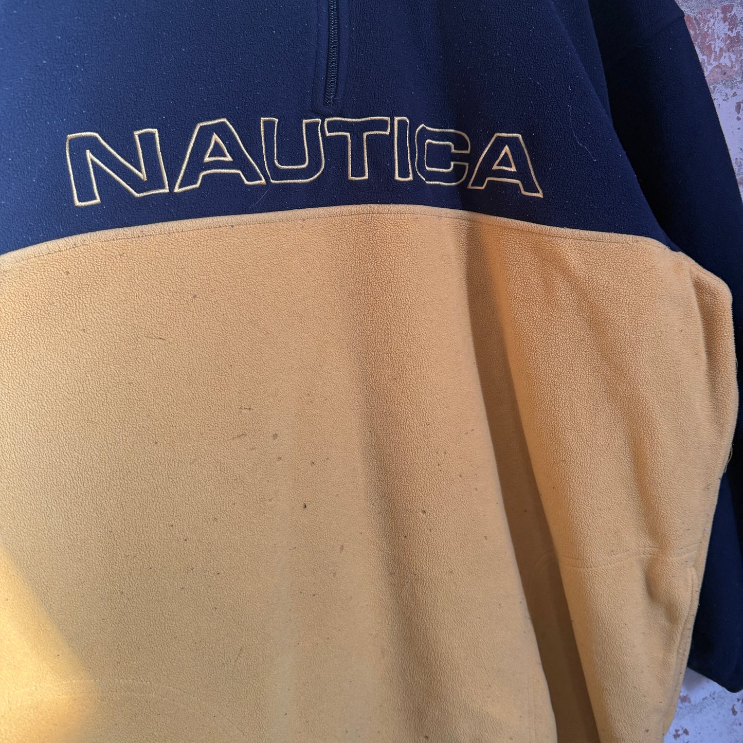 1990s Navy and Yellow Nautica 1/4 Zip Fleece Jumper