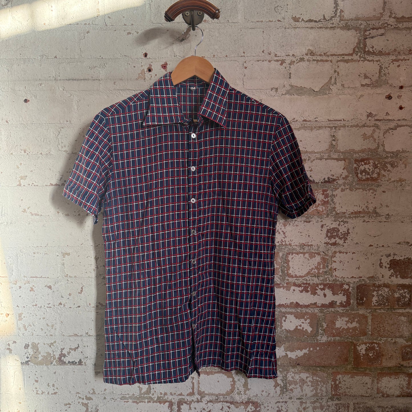 1970s Navy Checkered Button Dagger Collar Shirt