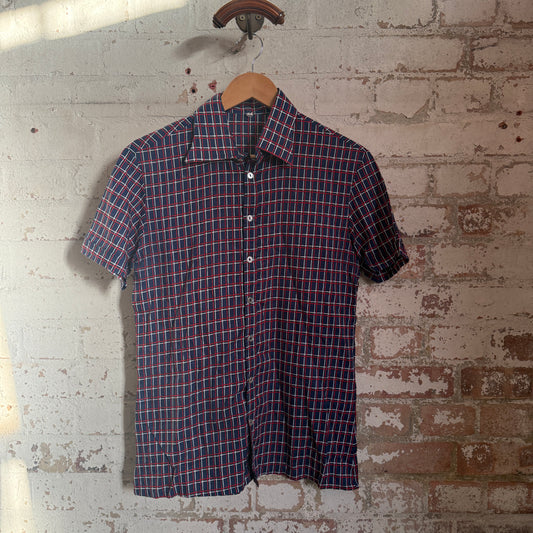 1970s Navy Checkered Button Dagger Collar Shirt