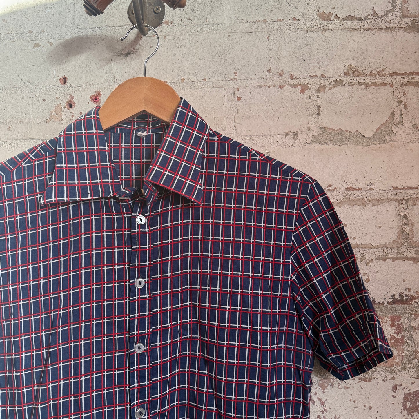 1970s Navy Checkered Button Dagger Collar Shirt