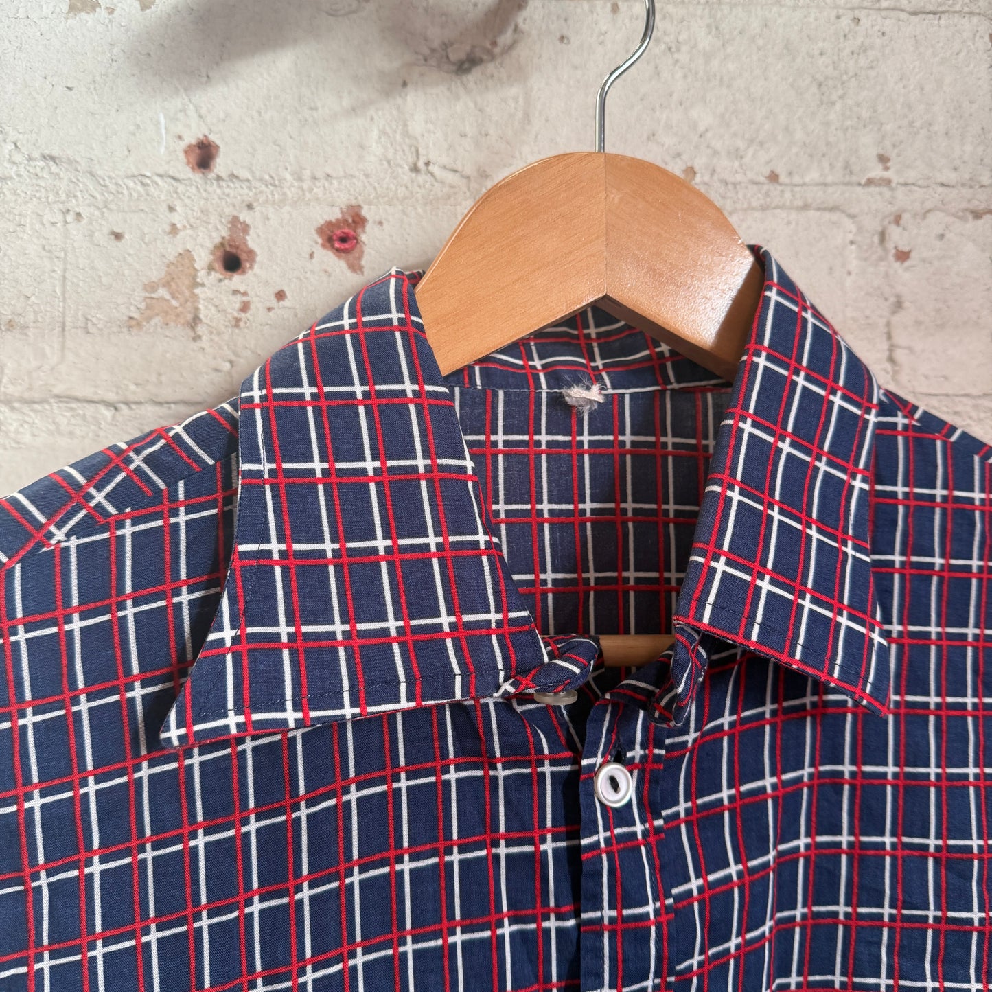 1970s Navy Checkered Button Dagger Collar Shirt