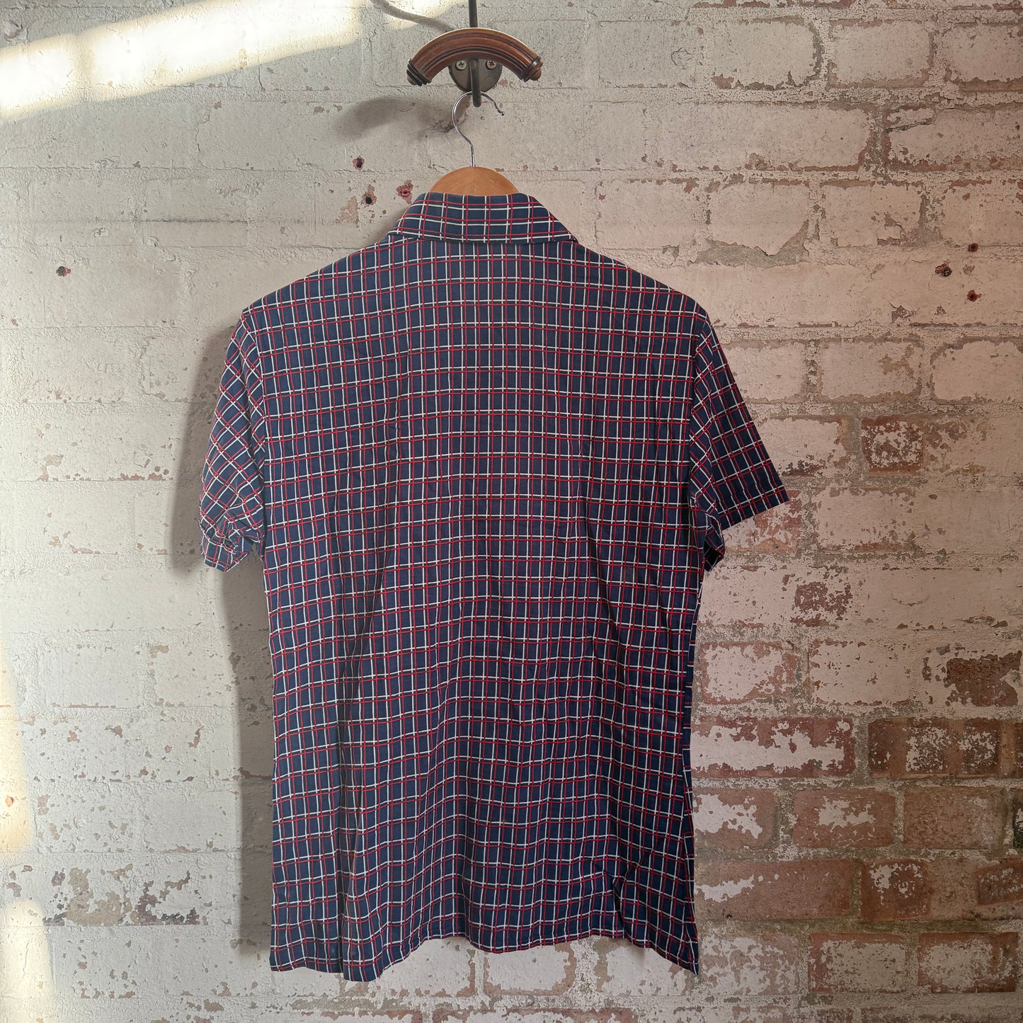 1970s Navy Checkered Button Dagger Collar Shirt