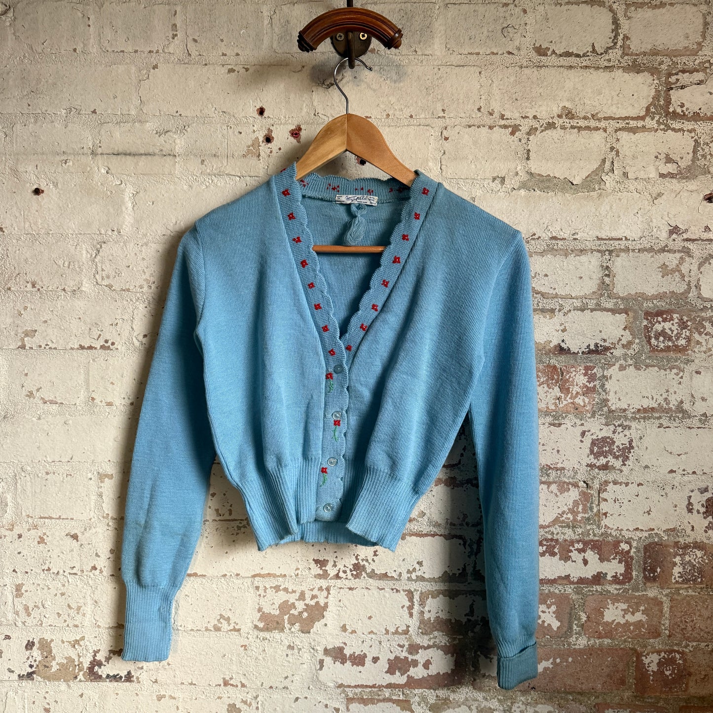 1940s Baby Blue Wool British Knitted Cardigan Jumper