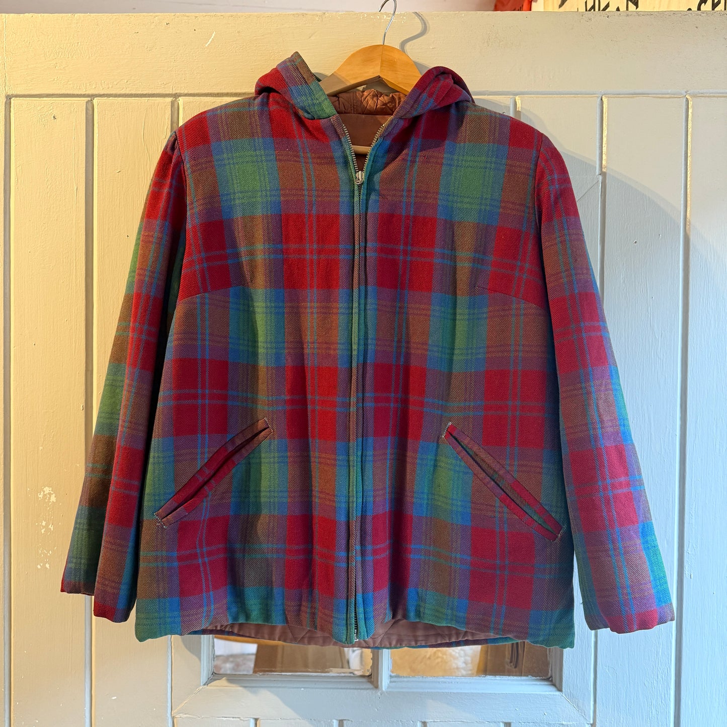 1960s Tartan Red Wool Zip Hooded Jacket