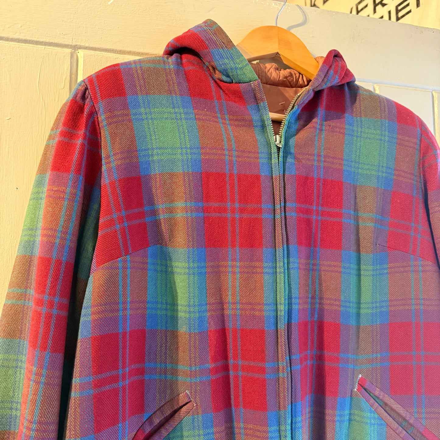 1960s Tartan Red Wool Zip Hooded Jacket