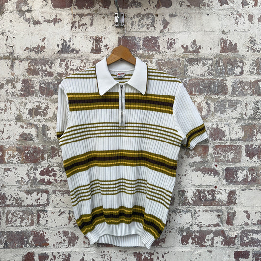 1960s 1970s White Knitted Striped Polo Shirt Top