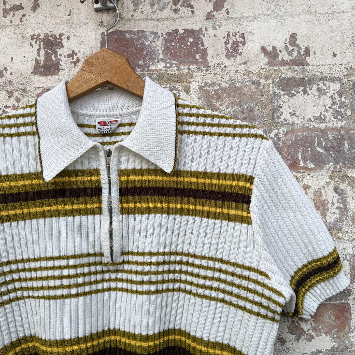 1960s 1970s White Knitted Striped Polo Shirt Top