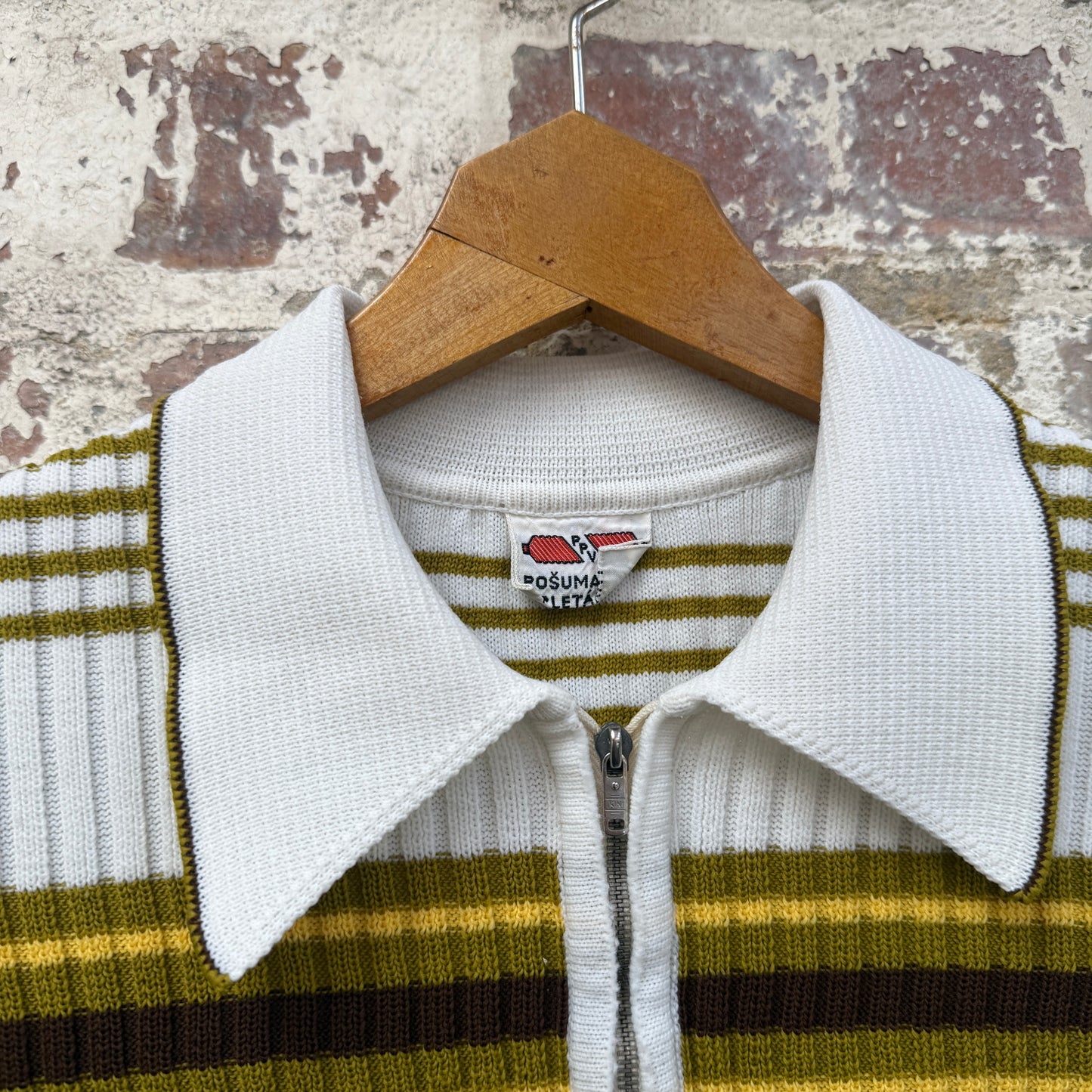 1960s 1970s White Knitted Striped Polo Shirt Top