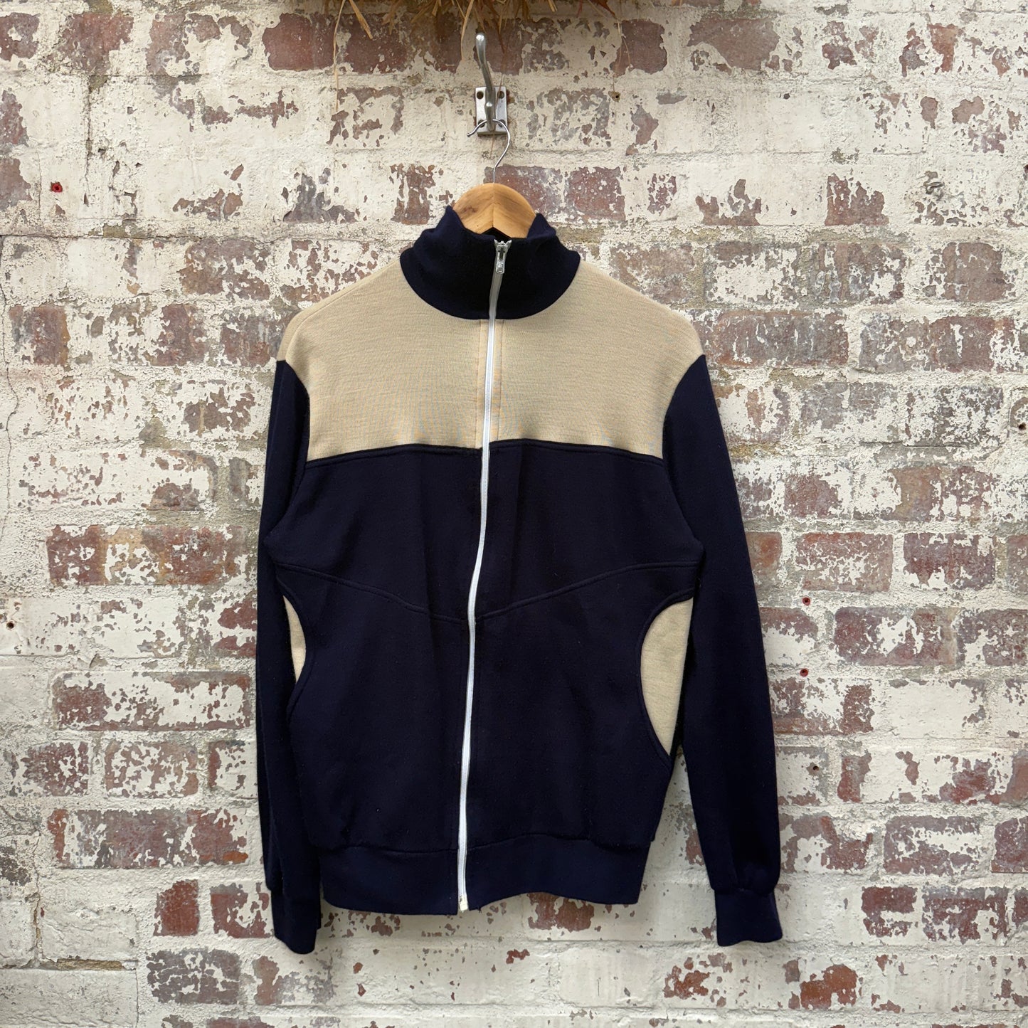 1980s Navy and Beige Zip Up Track Top
