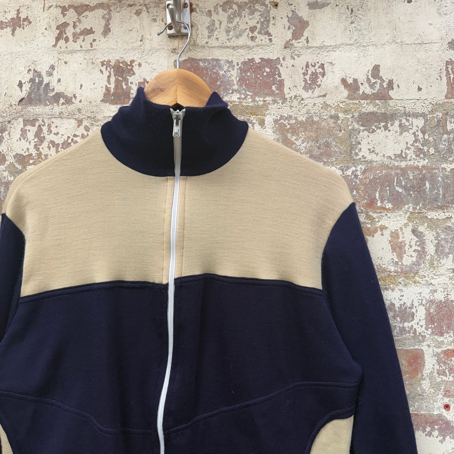 1980s Navy and Beige Zip Up Track Top