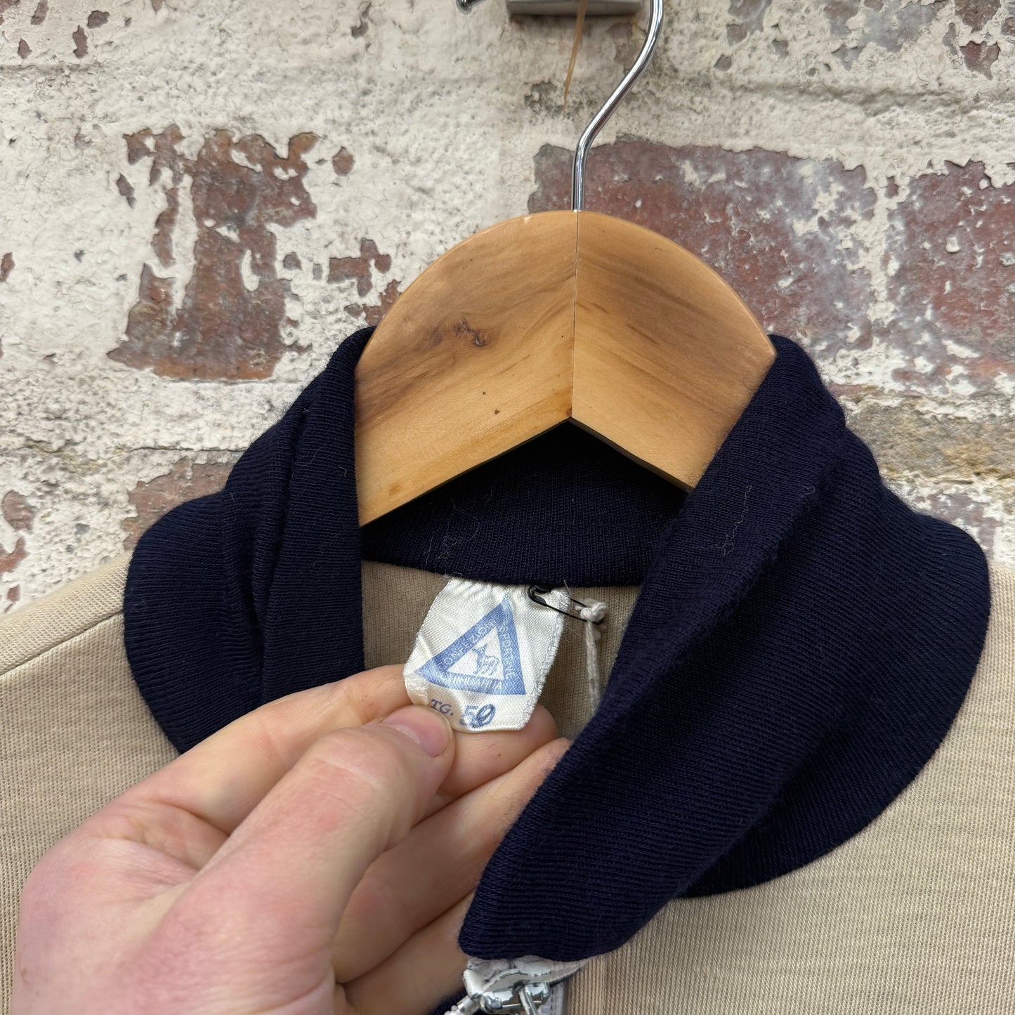 1980s Navy and Beige Zip Up Track Top
