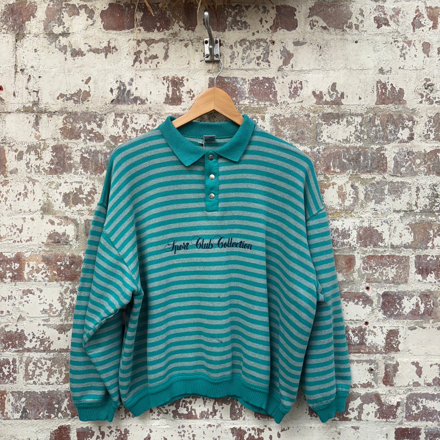 1980s Green Striped Button Sweatshirt Jumper