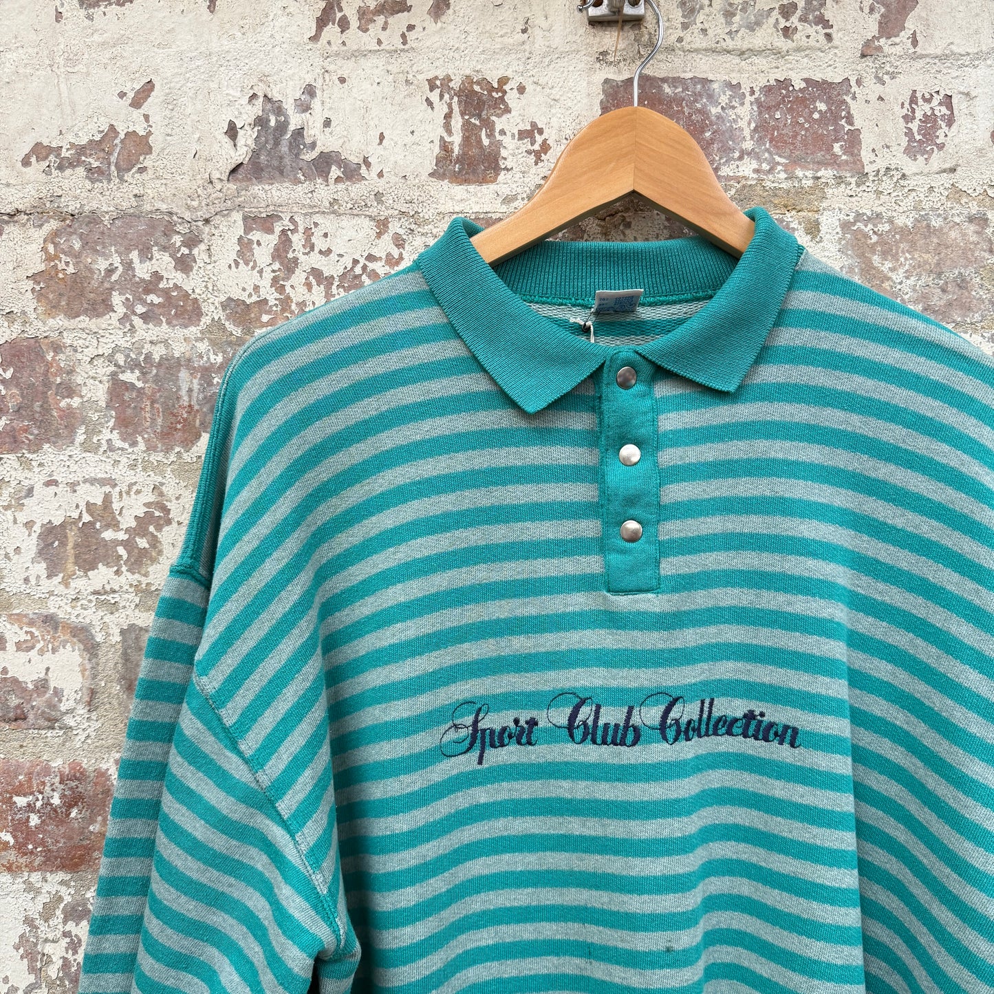 1980s Green Striped Button Sweatshirt Jumper