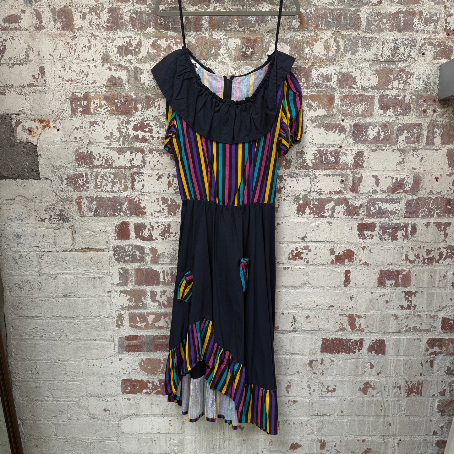 1970s Black Striped Cotton Dress