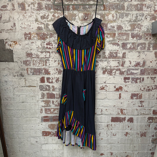 1970s Black Striped Cotton Dress