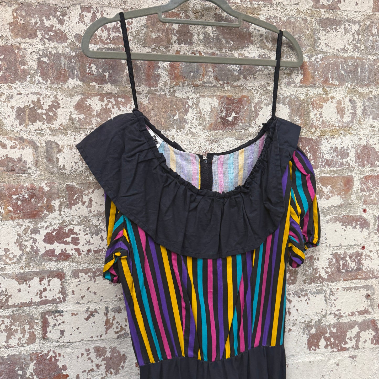1970s Black Striped Cotton Dress