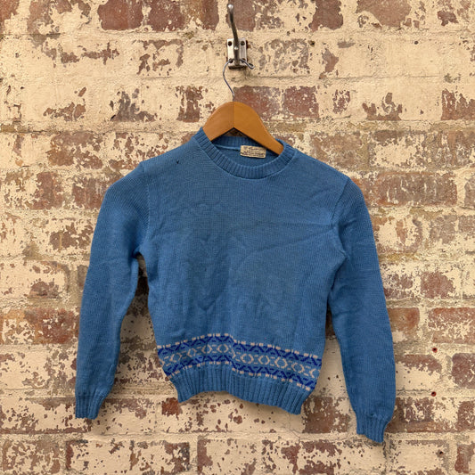 1940s 1950s Blue Wool Knitted Patterned Jumper