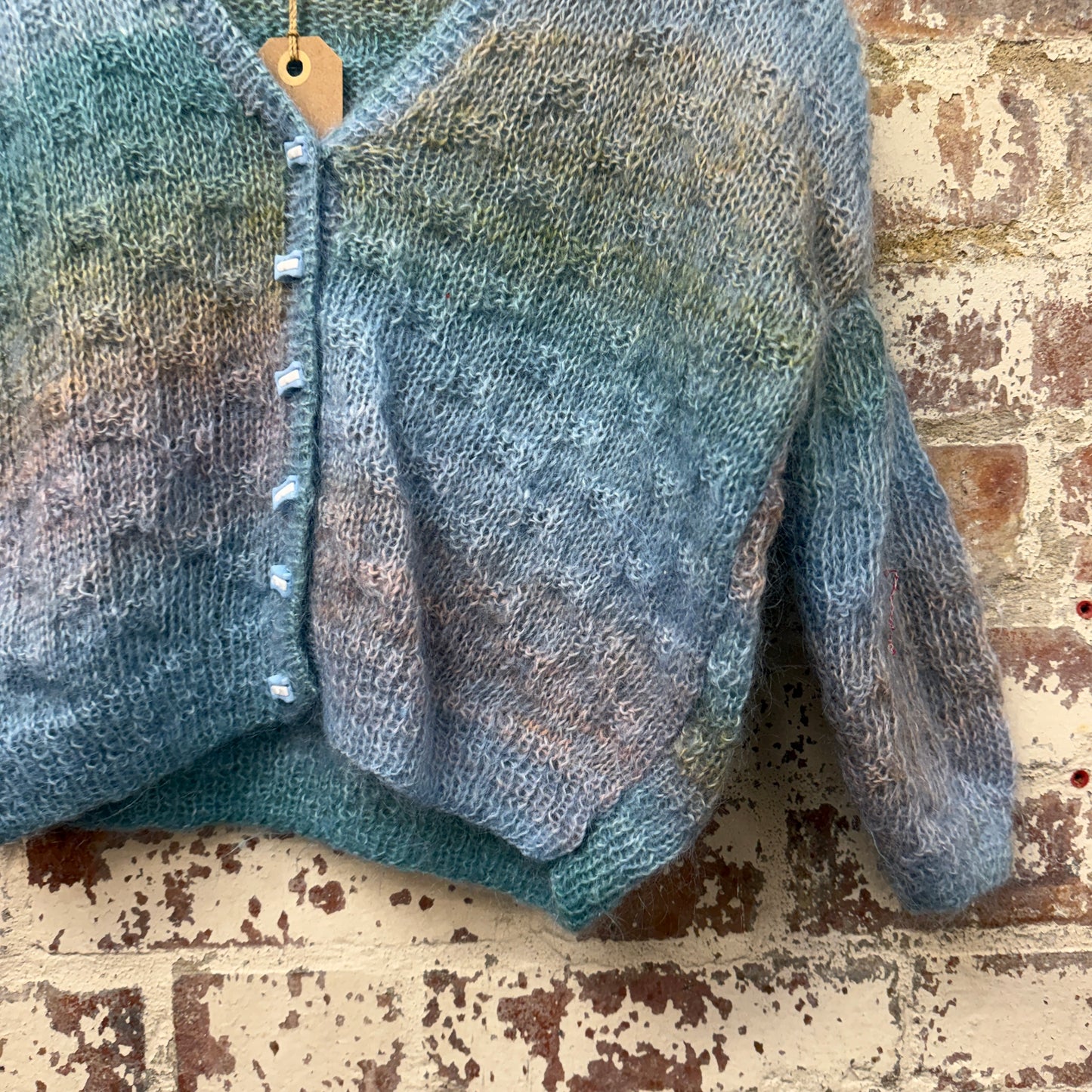 1970s Blue Multicoloured Mohair Knitted Cardigan Jumper