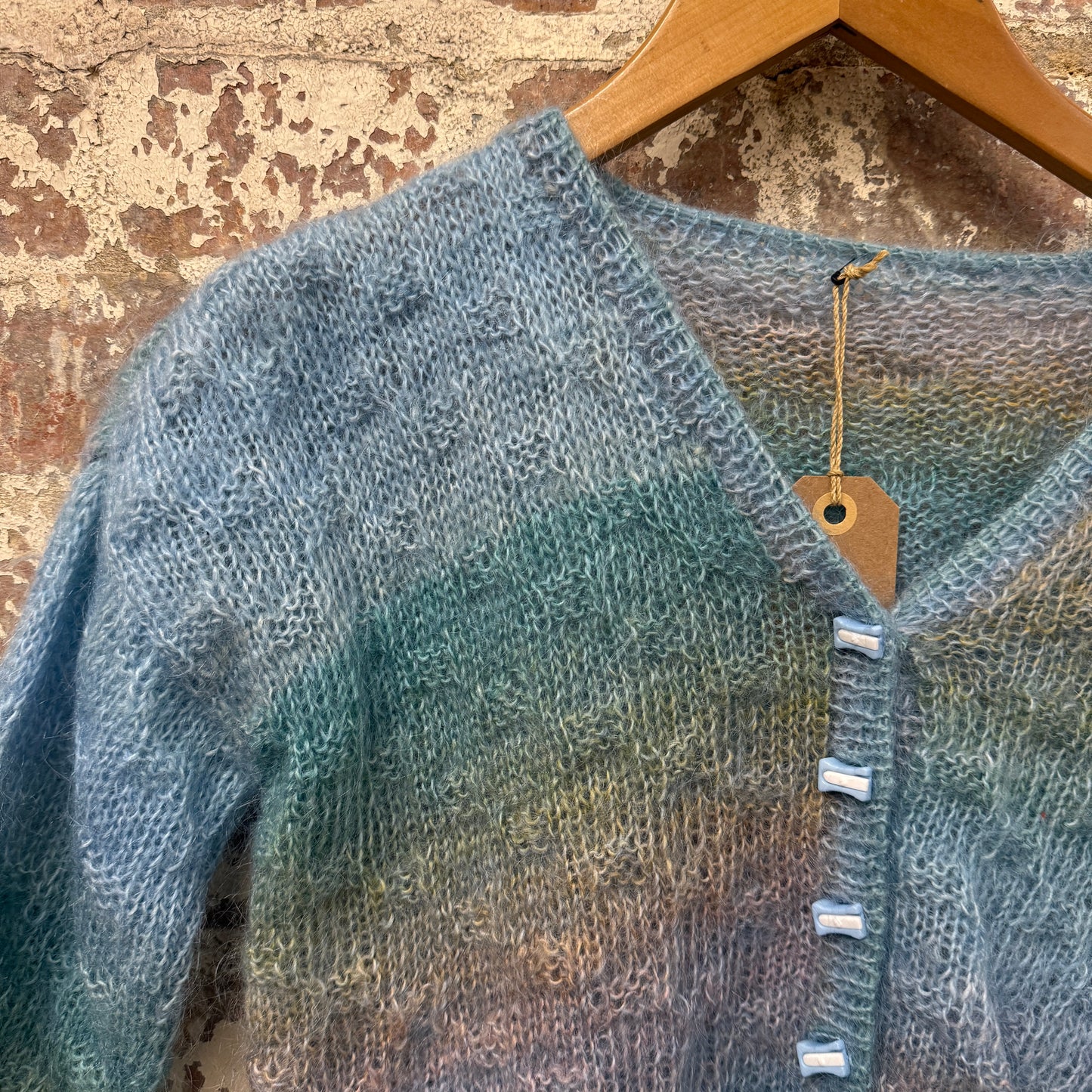 1970s Blue Multicoloured Mohair Knitted Cardigan Jumper