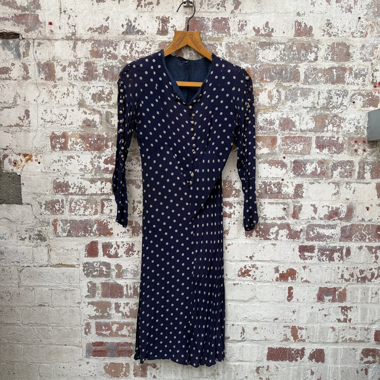 1930s Navy Polka Dot Drop Waist Silk Dress