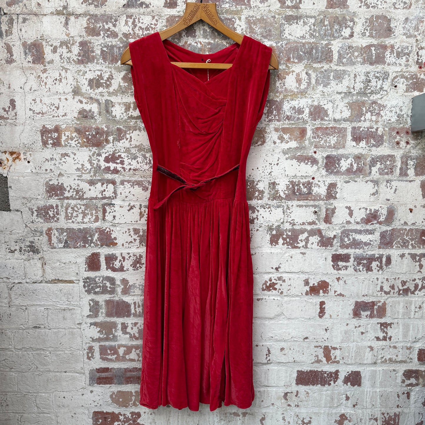 1950s 1960s Red Crushed Velvet Belted Dress