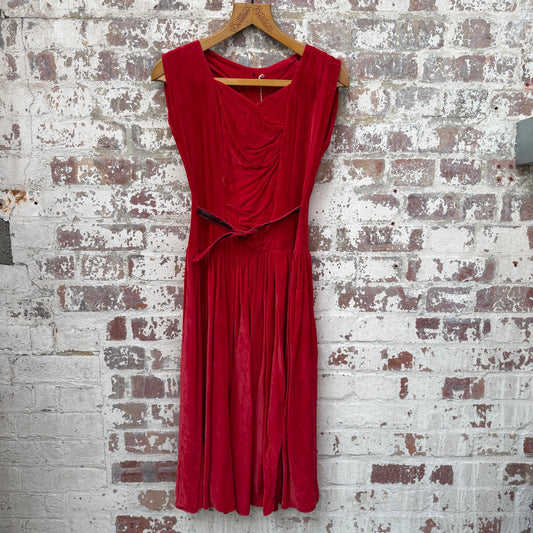1950s 1960s Red Crushed Velvet Belted Dress