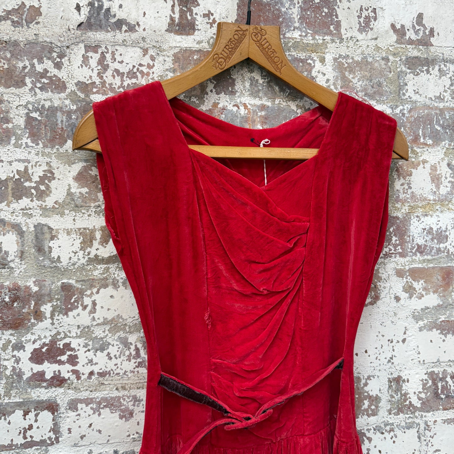 1950s 1960s Red Crushed Velvet Belted Dress