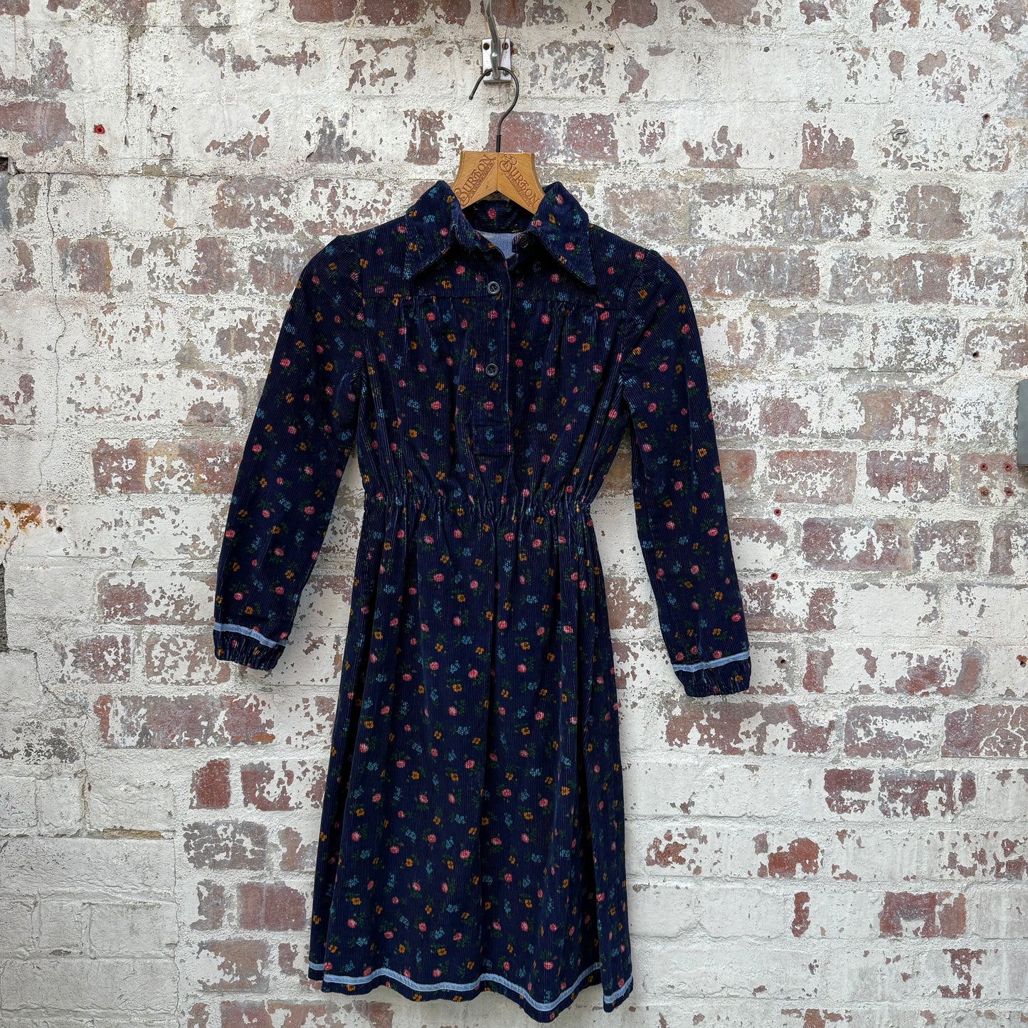 1970s Navy Corduroy Printed Dress