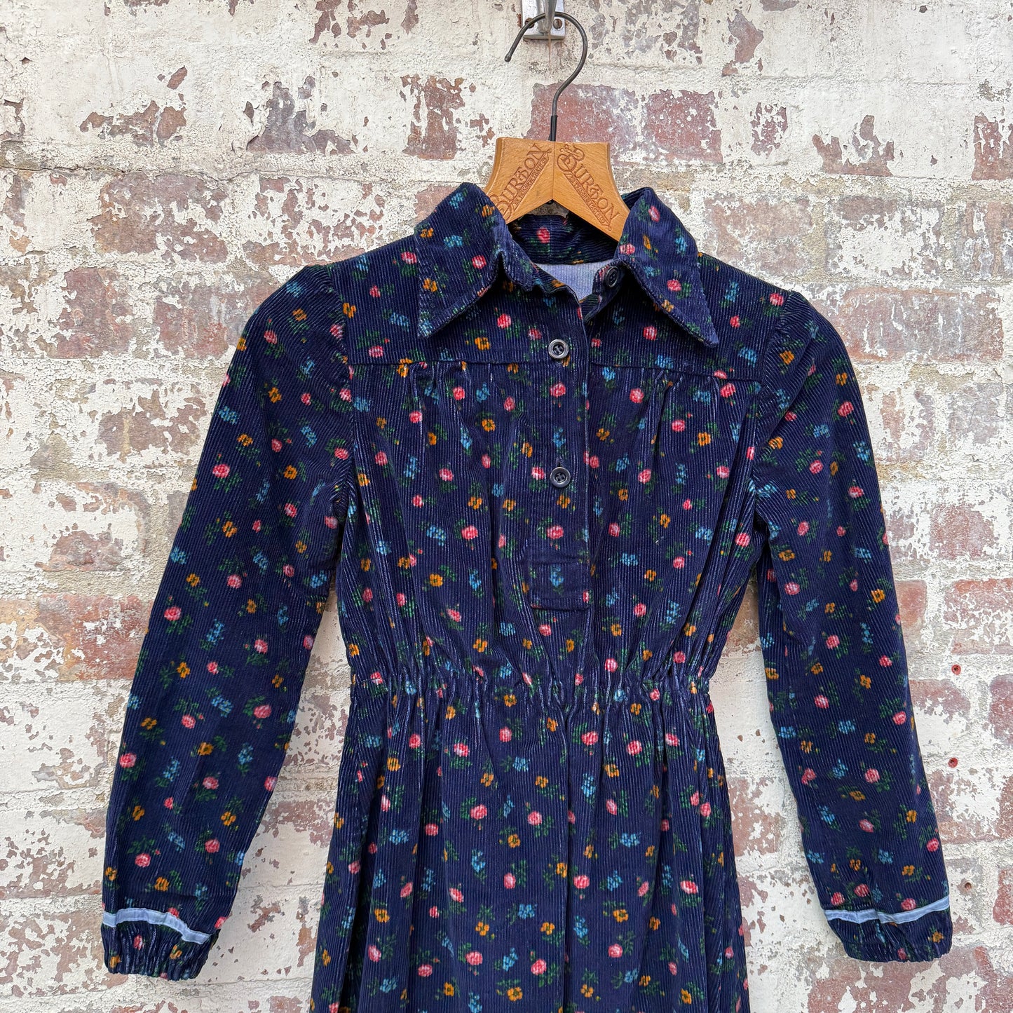 1970s Navy Corduroy Printed Dress