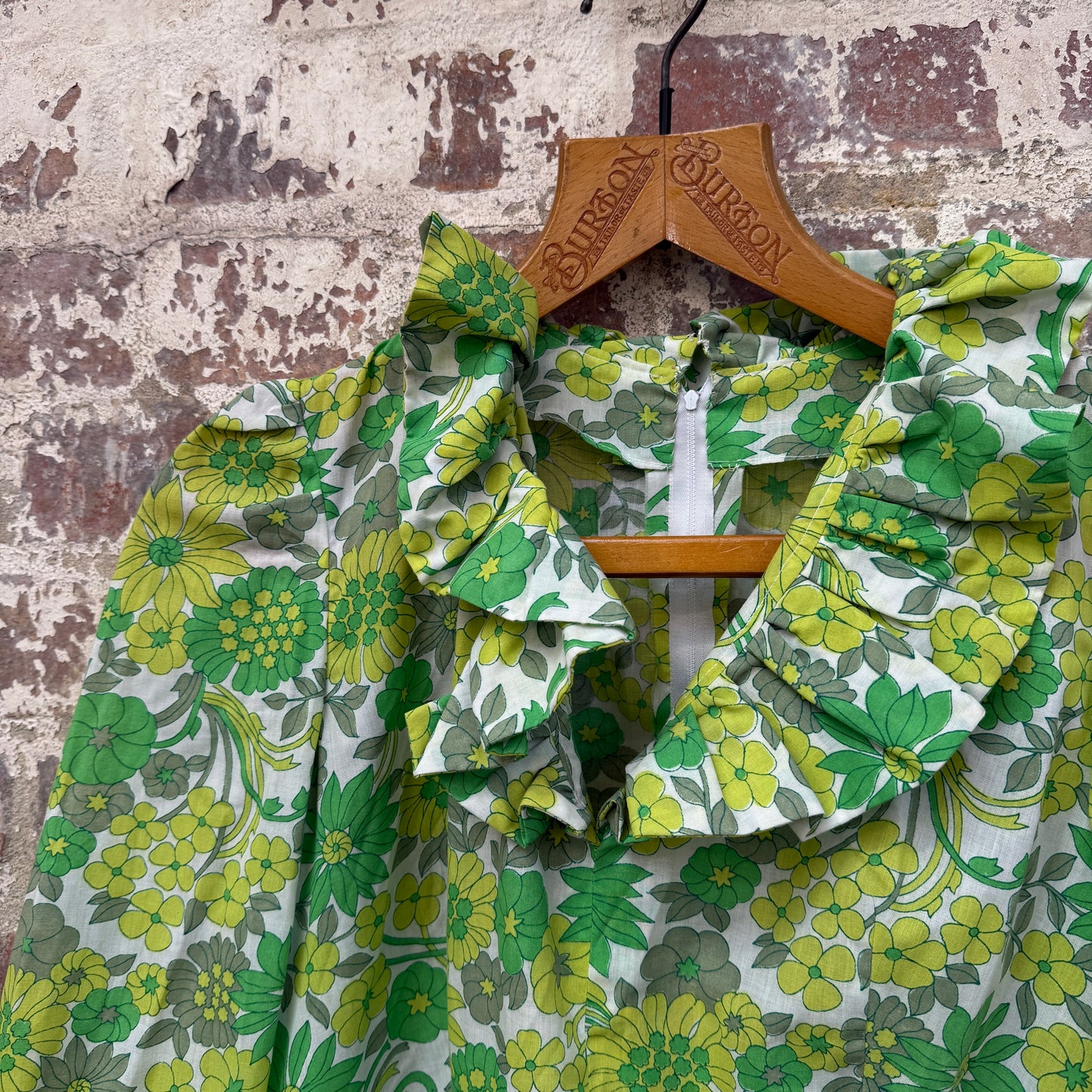 1970s Green Cotton Printed Long Dress