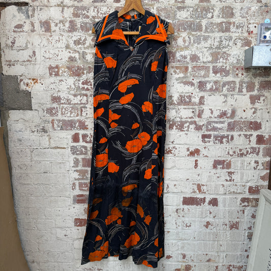 1970s Orange and Black Print Cotton Dress