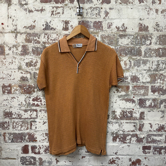 1960s British Timex Mustard Patterned Leisure Polo Shirt Top