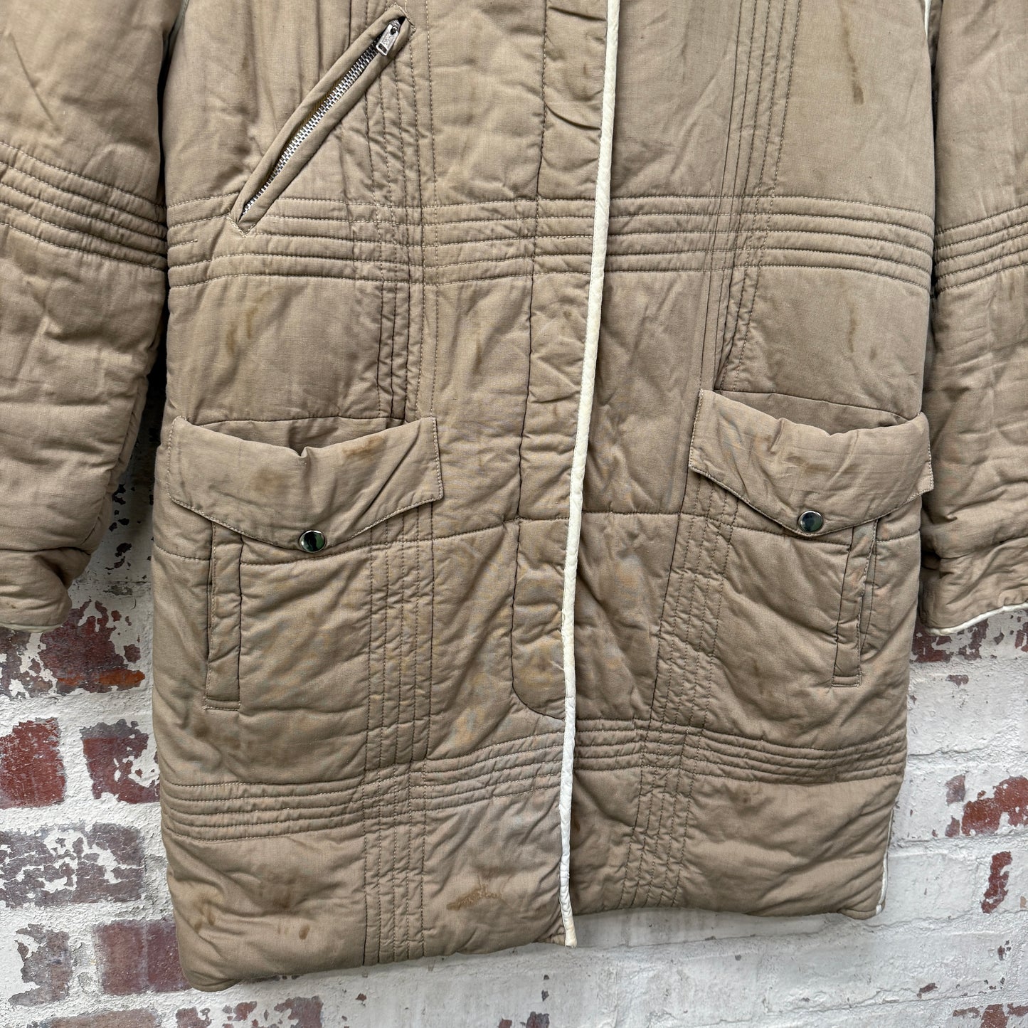 1970s Beige French Connection Padded Long Jacket