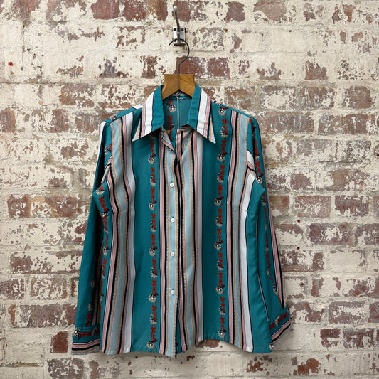 1970s Turquoise Printed Dagger Collar Button Shirt