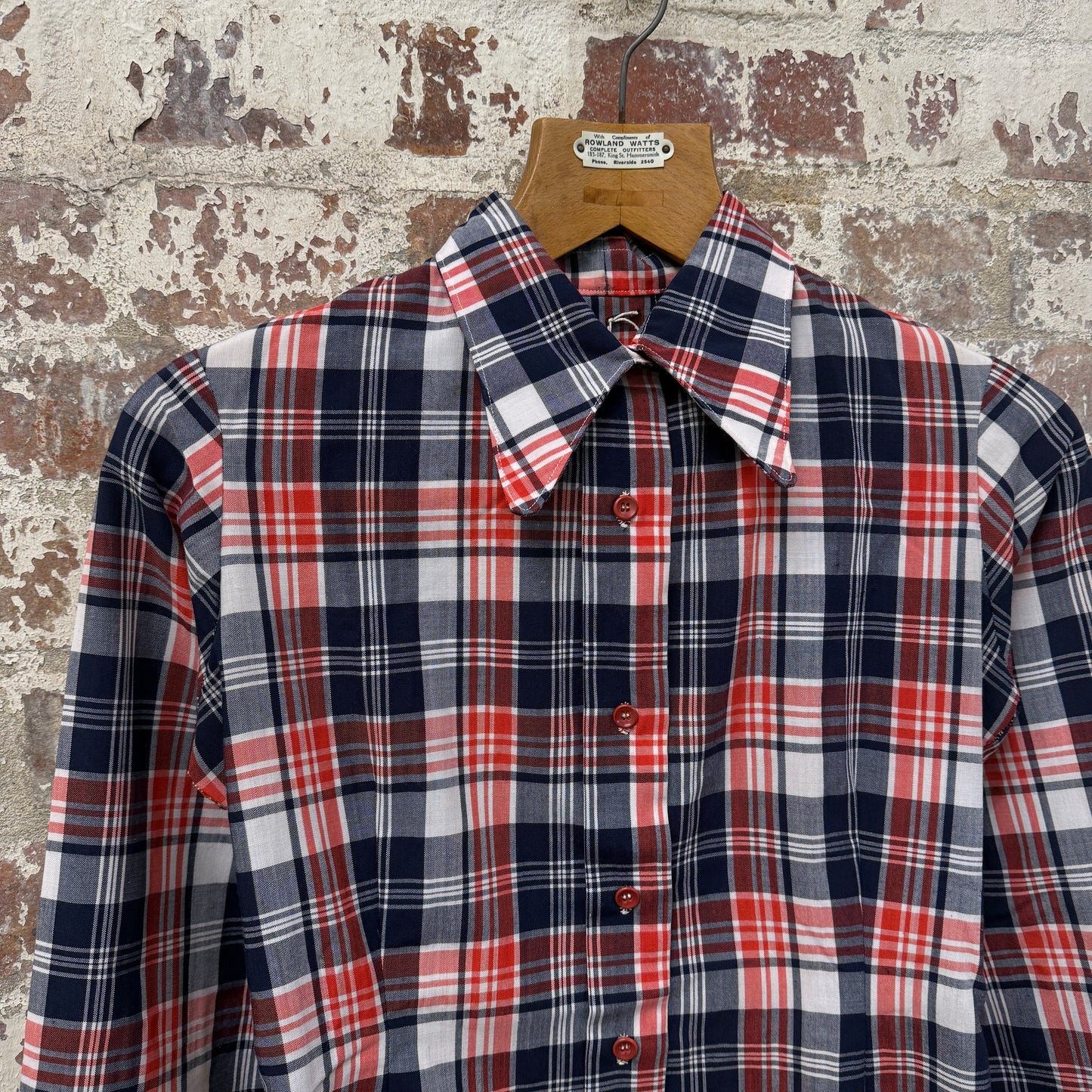 1970s Red Checkered Dagger Collar Shirt