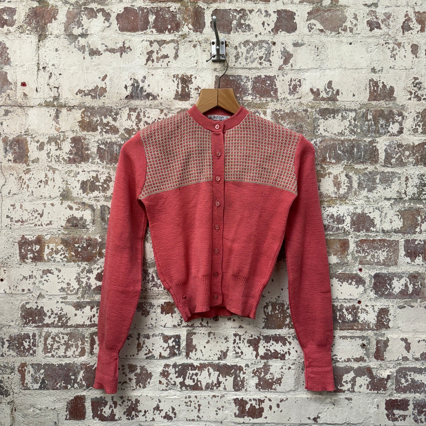 1950s British Pink Wool Knitted Cardigan Jumper