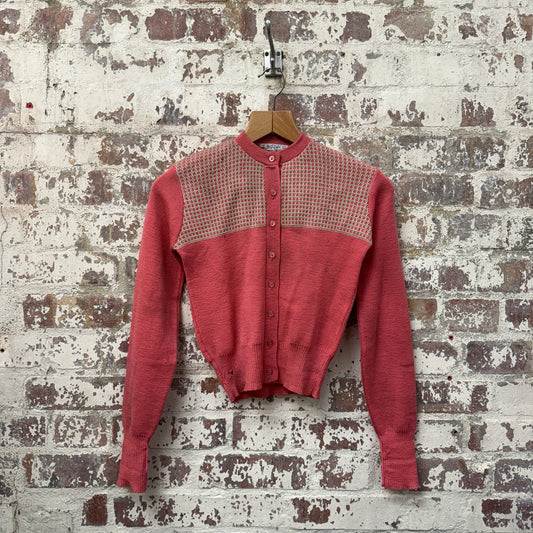 1950s British Pink Wool Knitted Cardigan Jumper