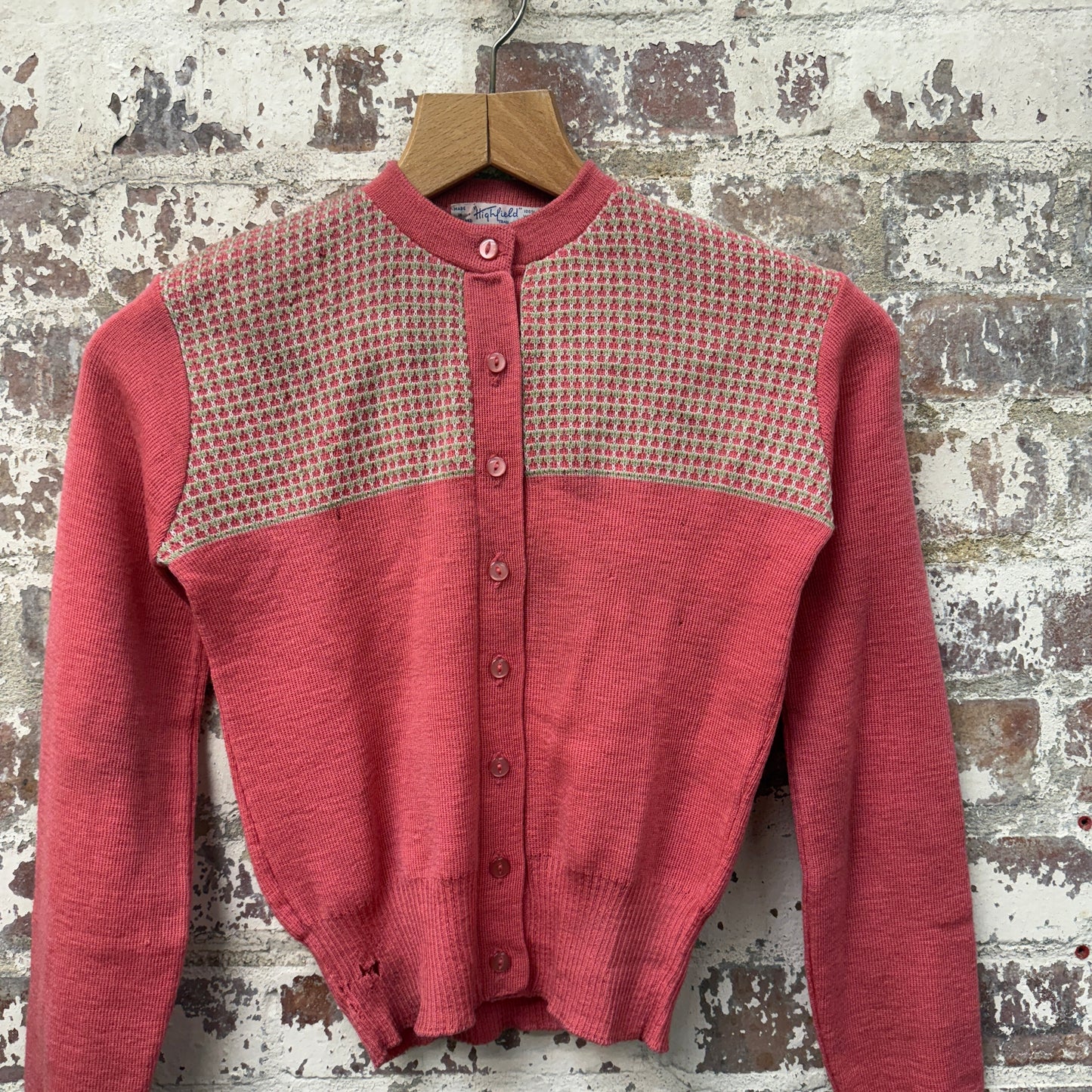 1950s British Pink Wool Knitted Cardigan Jumper