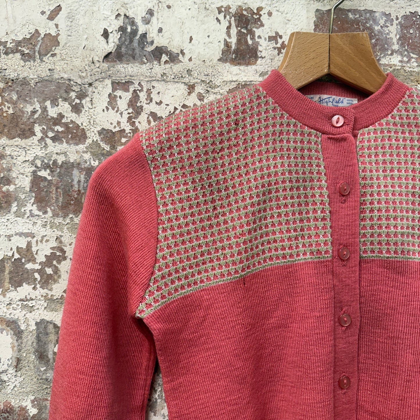 1950s British Pink Wool Knitted Cardigan Jumper